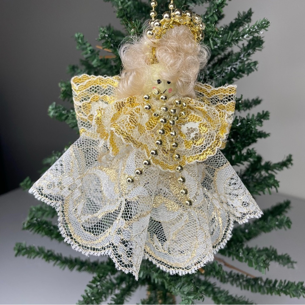Vintage Angel Lace Gold Beads Handmade Christmas Ornament Cute Silly